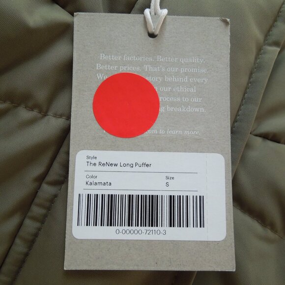 Everlane The Renew Long Puffer Coat Womens Small Kalamata Olive Hooded Primaloft - Picture 11 of 11